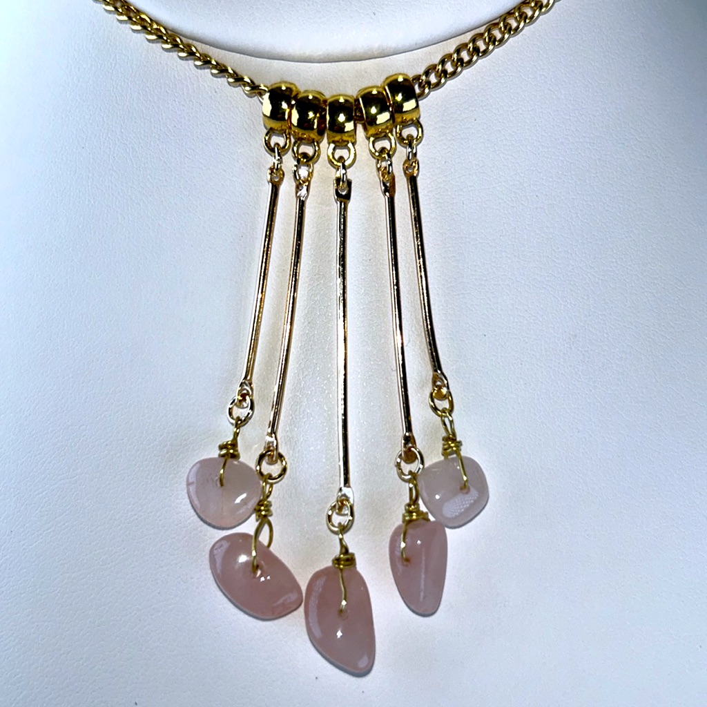Handmade Genuine Rose Quartz Golden Bars Dangle 18Necklace Modern Bohemian Work 30$